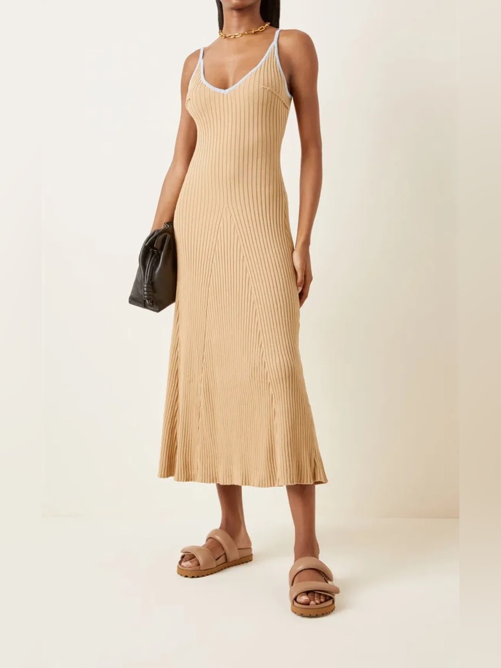 ANNA QUAN SCARLET RIBBED KNIT COTTON MIDI DRESS TAN/BLUE SIZE